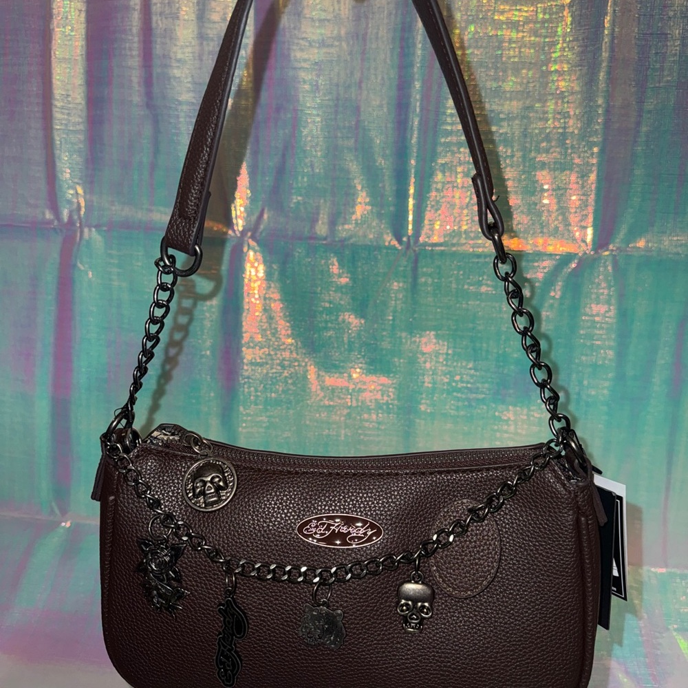 Ed Hardy Dark Brown Shoulder Bag with Chain Charms